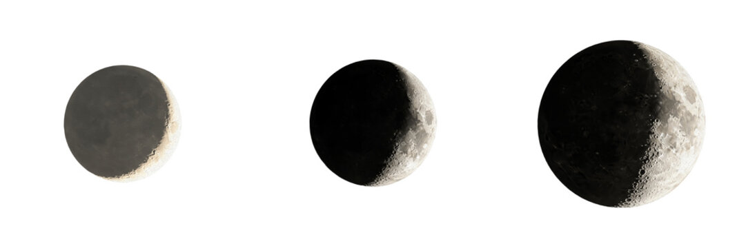 Set of Three Moon Phases Isolated on White Background, Crescent Moon PNG, Waxing Moon Graphic, Astronomical Celestial Design Element for Space Themes, Realistic Lunar Cycle Texture for Digital Art, Ni