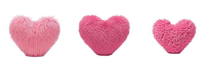 Fototapeta premium Set of Three Pink Fluffy Heart Pillows, Soft Plush Textured Decorative Cushions Isolated on White Background, Cute Valentine's Day or Romantic Interior Design Graphic Elements for Digital Projects and