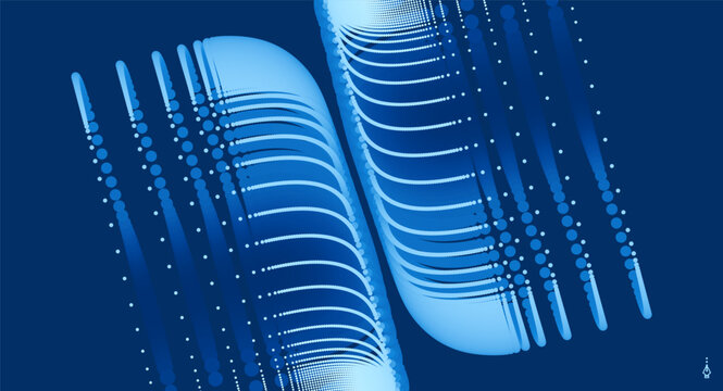Two symmetrical objects composed of dots are attracted to each other. Energy. Technological background. Color transition effect. Gradient. Industrial style for digital projects. Vector for design.