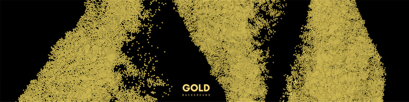 Golden particles shimmer against a stark black background. A backdrop with a luxurious feel. A chaotic cluster of small round dots or grains of sand. Vector for poster, cover, card, presentation, etc.