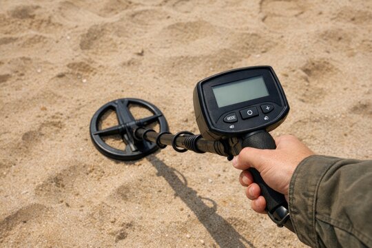 A person holds a metal detector in their hand, ready for treasure hunt or adventure