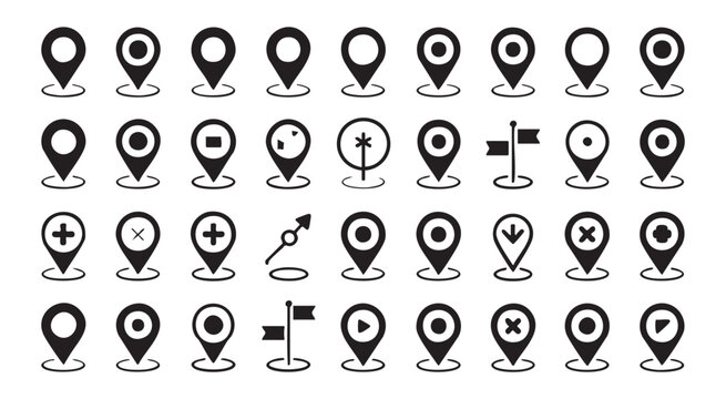 Collection of location pins and map markers on transparent background vector set.