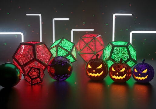 Geometric polyhedral objects and jack o lanterns 3d render