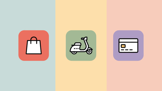Ecommerce Icons Set Shopping Bag Delivery Scooter Payment Card Online Shopping Symbols