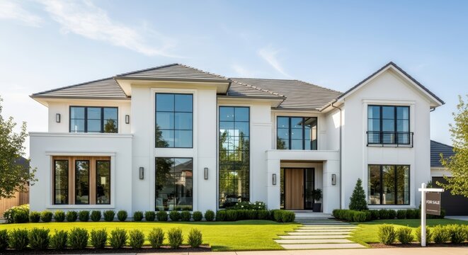 Real estate modern luxury twostory white stucco house exterior with large windows