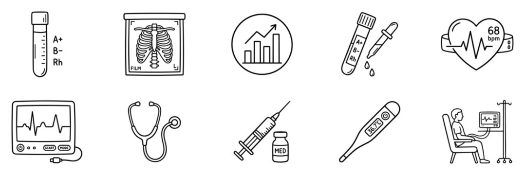 Set of medical and healthcare icons including test tubes, x-ray, chart, heart rate, monitor, stethoscope, syringe, thermometer and patient on transparent background