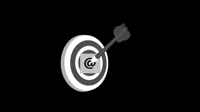 Email target bullseye animation, Dart hitting center of target with a square showing an at-symbol