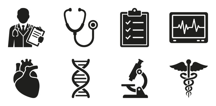 Set of black medical and healthcare related icons including doctor, stethoscope, checklist, heart monitor, human heart, dna, microscope, and medical symbol on transparent background