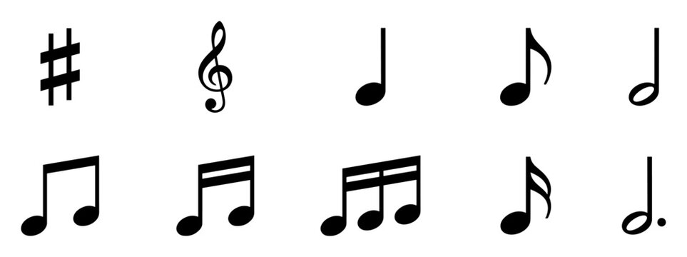 Set of various black musical notes and symbols icons isolated on transparent background