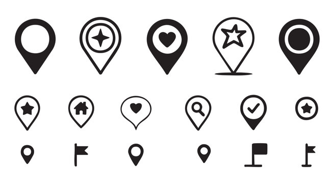 Filled map pin icons and location markers with different symbols on transparent background vector.