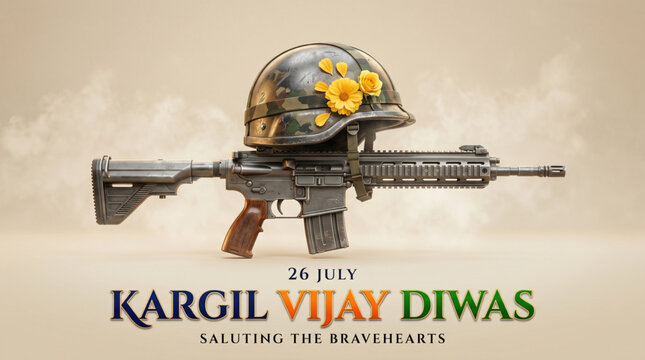Kargil Vijay Diwas military remembrance illustration with soldier helmet rifle tribute and patriotic honor background