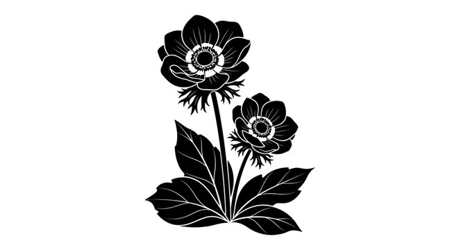 Black anemone flower silhouettes on a white background