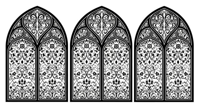 Gothic arched windows with floral tracery black and white vector