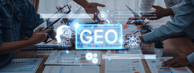 Naklejka premium Digital marketing concept featuring GEO strategy. Generative AI search visual shows GEO interface integrating intelligence, logic, and AI input system for prompt tasks. Corpus