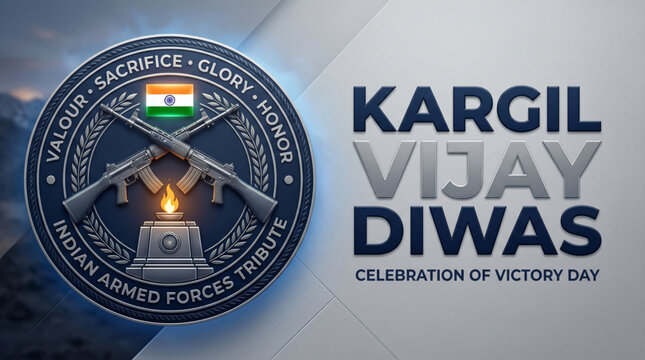 Kargil Vijay Diwas military emblem tribute with Indian armed forces memorial and patriotic victory celebration theme