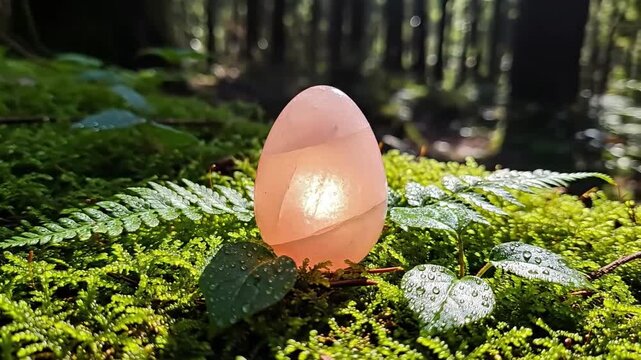 Glowing pink egg-shaped lantern on forest floor surrounded by green moss and ferns with sunlight filtering through trees.