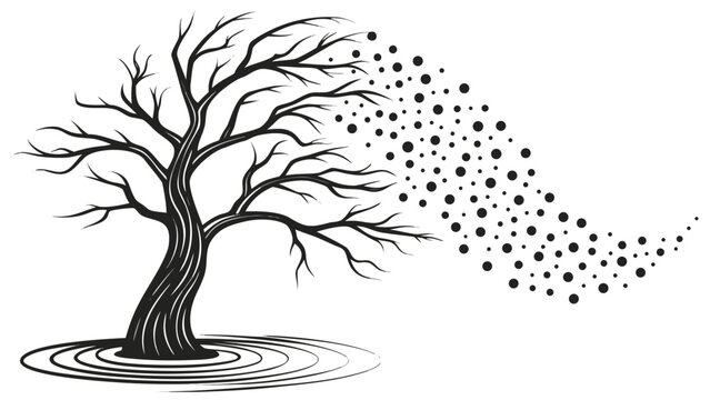 Stylized leafless tree losing leaves in wind vector illustration with abstract swirling particles, bare tree