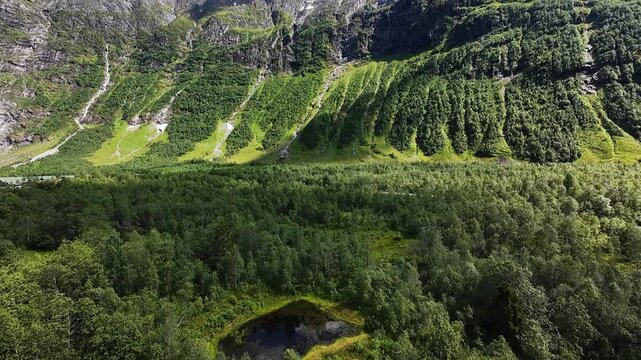 Aerial view of small pond in glacial valley with reveal, Fj&aelig;rland, Norway