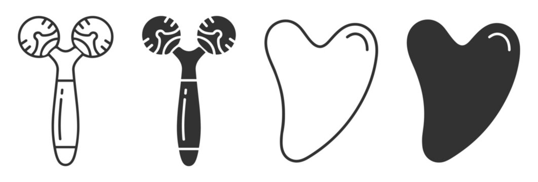 facial roller and gua sha massage tool icons set on transparent background