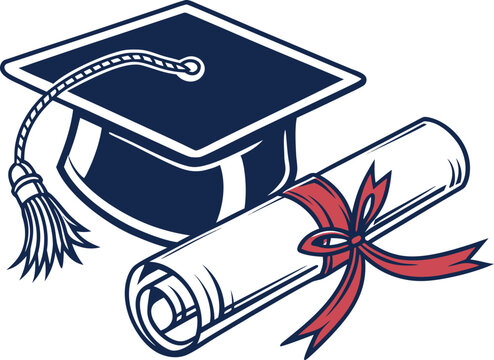 Professional Certification Icon Featuring Graduation Cap and Diploma Scroll with Ribbon for Academic and Career Success