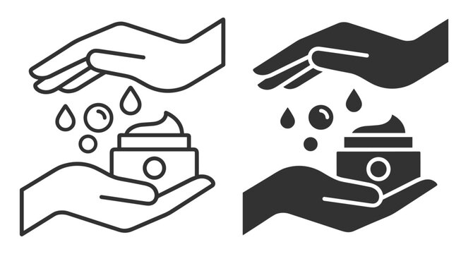 hand holding moisturizer cream jar with water drops vector icon set on transparent background