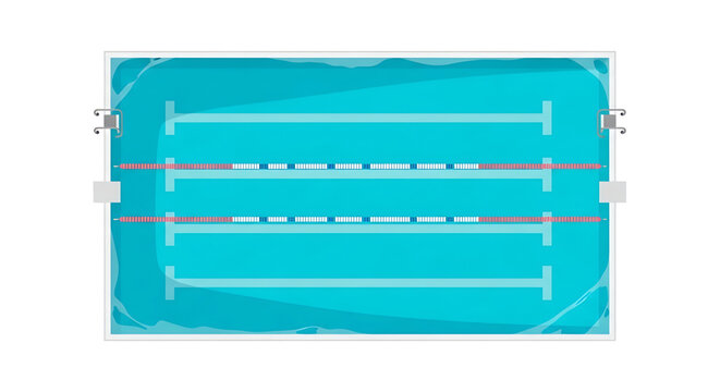 Top view of a swimming pool with lanes and starting blocks