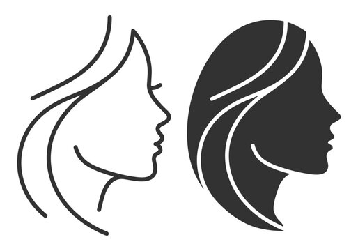 female profile silhouette line art and solid icon illustration on transparent background