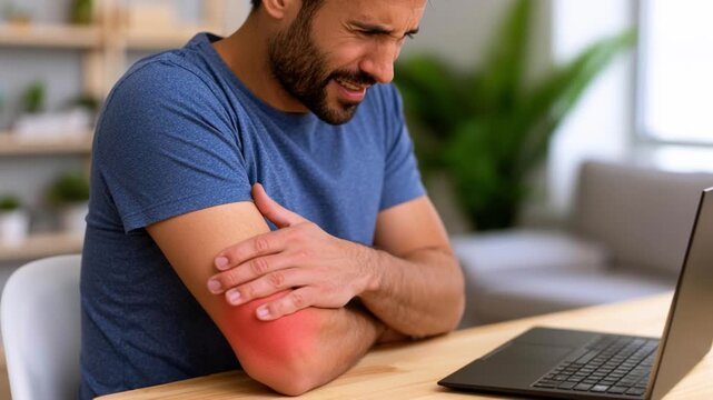 Remote worker runs his hand over painful elbow while typing on laptop with red highlighted pain area