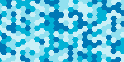 Blue hexagonal geometric pattern abstract background with shades of cyan and turquoise, honeycomb mosaic tiles modern tech camouflage texture seamless vector style. © Abu Bokkor Siddique