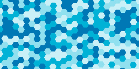Blue hexagonal geometric pattern abstract background with shades of cyan and turquoise, honeycomb mosaic tiles modern tech camouflage texture seamless vector style. © Abu Bokkor Siddique