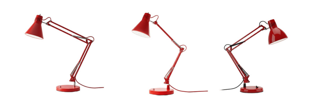 Modern Red Adjustable Desk Lamp, Isolated Transparent PNG Set for Home Office, Interior Design, Lighting Solutions, and Product Mockups