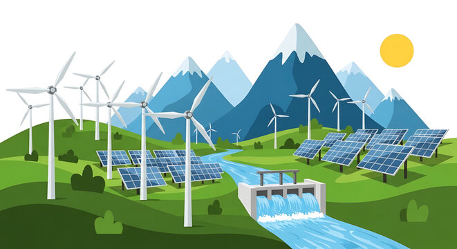 Renewable energy concept with wind turbines, solar panels and hydroelectric dam in mountain landscape