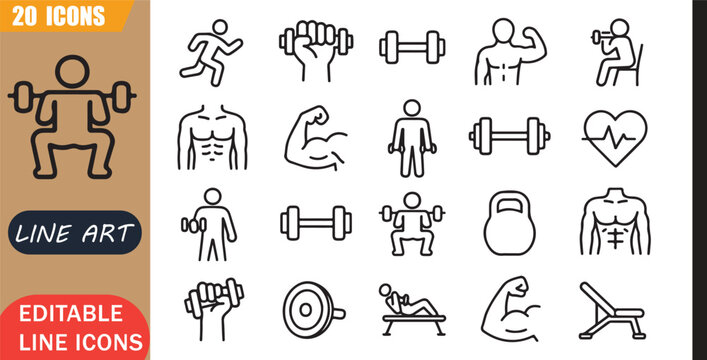 Isolated dumbbell strength icons set, 20 editable line art icons set, exercise dumbbell gym, workout fitness strength, muscle training health, sport theme style, clean outline vector