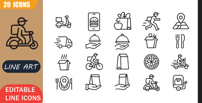Isolated food delivery icons set, 20 editable line art icons set, food delivery online, order takeaway restaurant, courier meal service, fast app theme style, clean outline vector