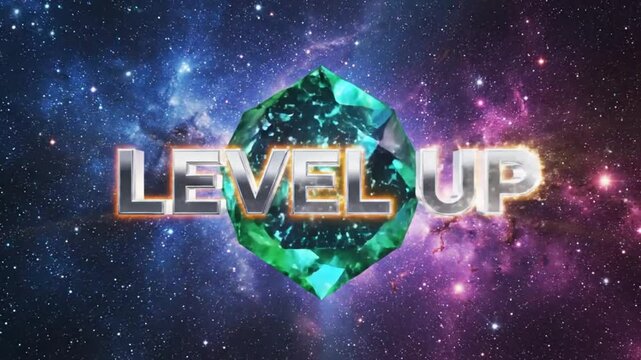 Epic 3D Level Up Title Sequence with Emerald Gemstone and Galaxy Background for Gaming Entertainment