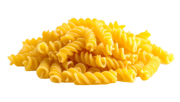 Dry fusilli pasta forming a pile on white background