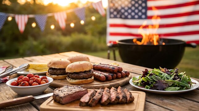 USA independence day happy independence day USA American Fourth of July backyard barbecue with grilled food and American flag independence day grilling