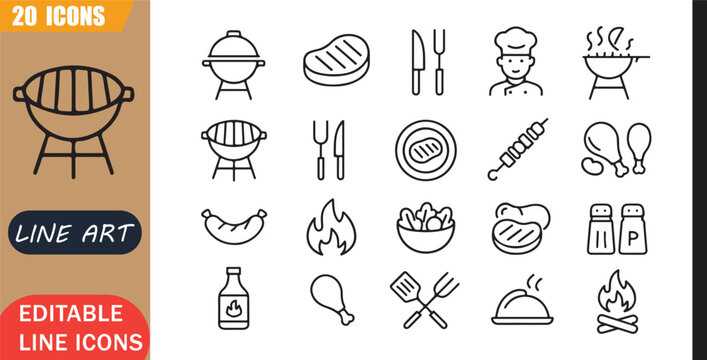 Isolated bbq grill icons set, 20 editable line art icons set, food bbq grill, steak meat restaurant, cooking delicious dinner, chef theme style, clean outline vector