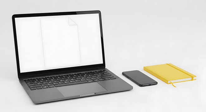 Silver laptop with black keyboard and yellow wireless mouse on white background