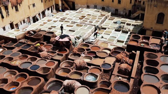 Leather coloring at  the tannery top view in Fes, Morocco