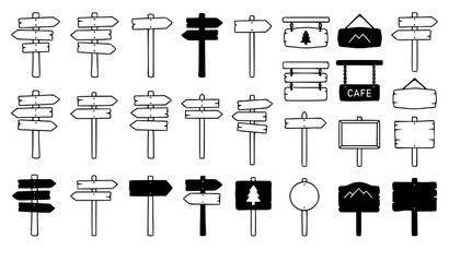 Wooden signpost icon set vector outline rustic sign symbols isolated on white © MdMiraz