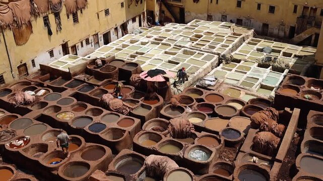 Leather coloring at  the tannery top view in Fes, Morocco