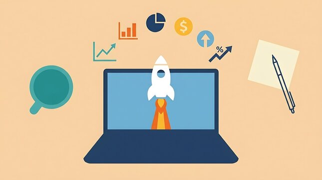 Business startup rocket launching from laptop screen, financial growth data and marketing icons, digital entrepreneurship and project launch concept