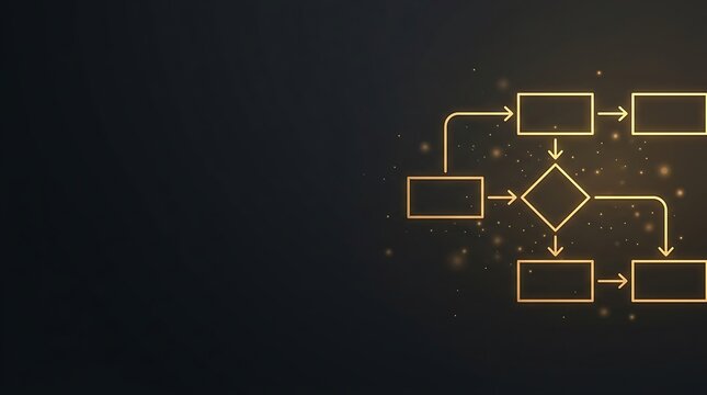 Golden flowchart diagram on dark background, glowing business process map with arrows, professional logic workflow illustration for corporate strategy