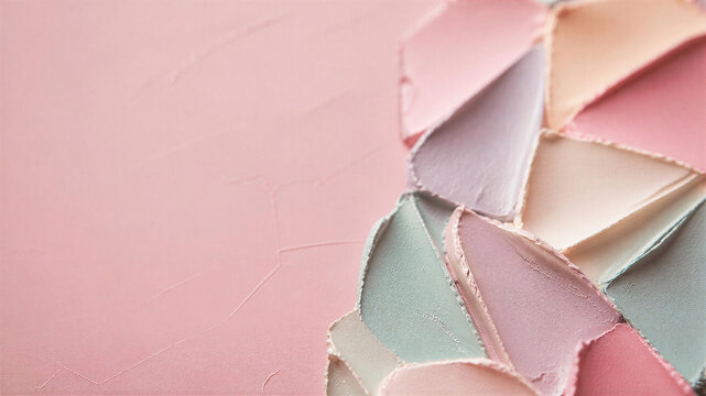 Triangular charred spatula strokes of velvety multicolored plasteron on abstract pink background