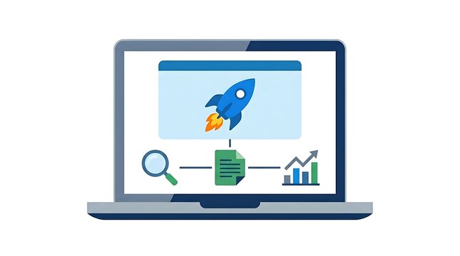 Business startup concept on laptop screen, rocket launch icon for project growth, digital marketing and data analysis flat illustration