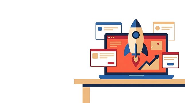 Business startup rocket launch on laptop screen, digital marketing growth concept, flat vector illustration of website optimization and seo success