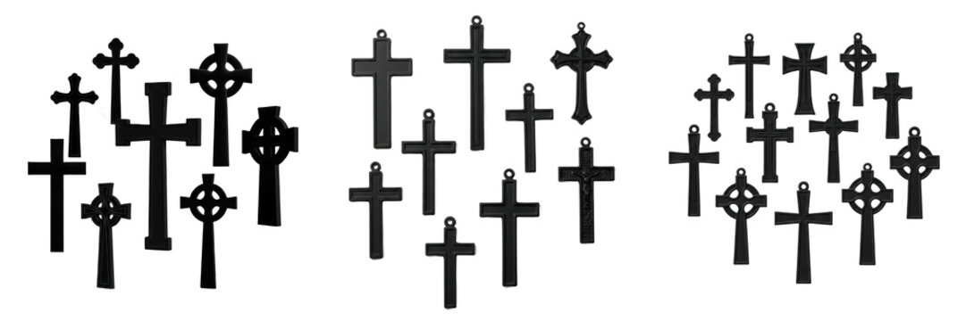 Christian Cross Collection, Religious Symbol Set, Catholic and Celtic Cross Silhouettes, Holy Faith Icons, Isolated Black Cross Shapes, Spiritual Design Elements, Church Logo Graphics, Minimalist Reli