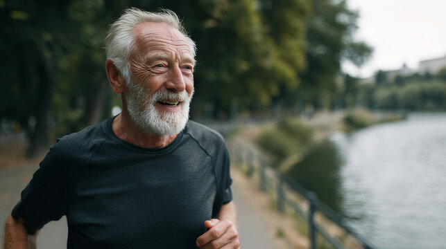 Smiling senior man jogging along a lakeside park trail, natural lighting, realistic skin texture, candid lifestyle photography, neutral tones, solid color athletic clothing