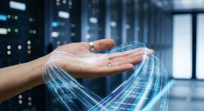 Conceptual image of human hand holding glowing streams of digital data code representing advanced information processing cloud computing technology solutions for modern business world.